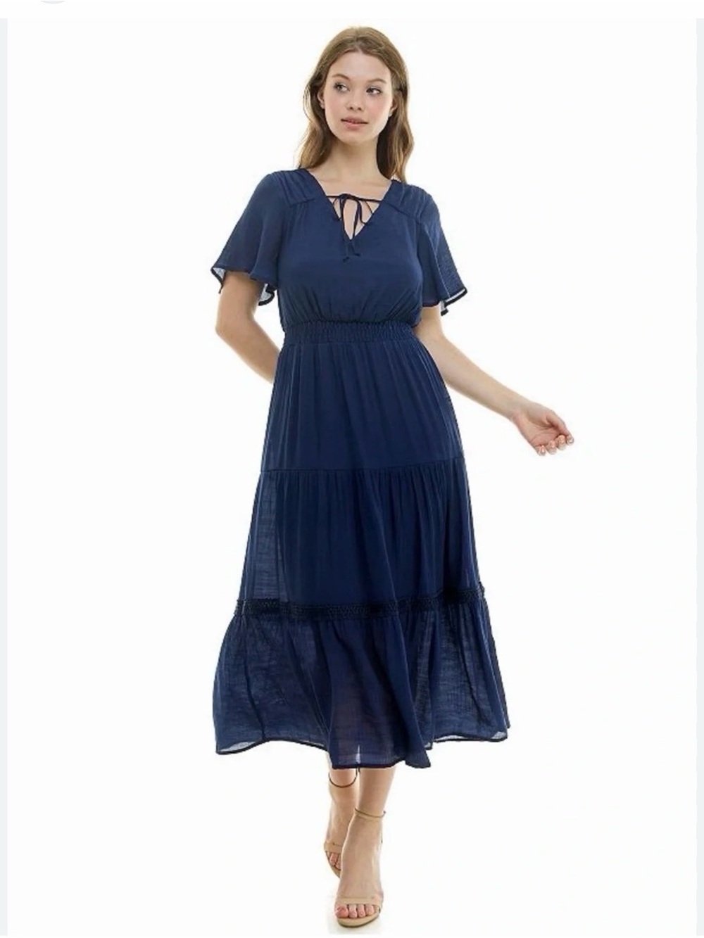 Luxology Navy Short-Sleeve Tiered Maxi Dress